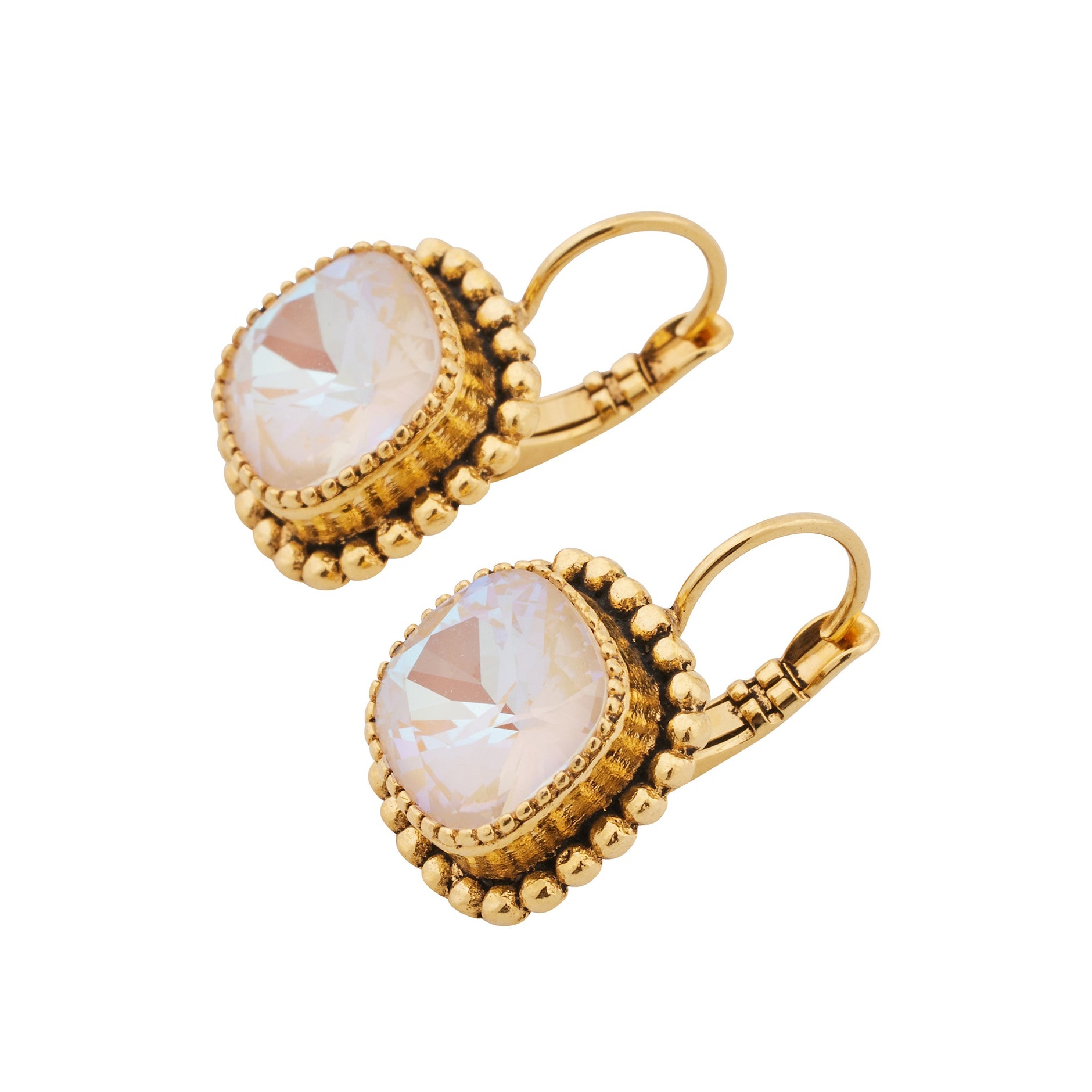 Boucles D'Oreilles Dormeuses Doré Antique - Style Belle Époque Floral Avec CZ Blanc - Neuf Sans Emballage